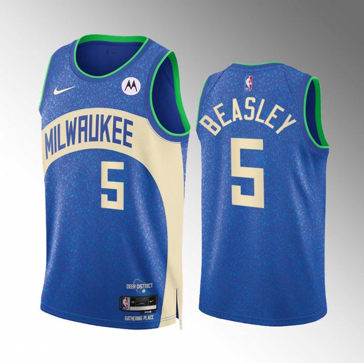 Men's Milwaukee Bucks #5 Malik Beasley Blue 2023-24 City Edition Stitched Basketball Jersey Dzhi